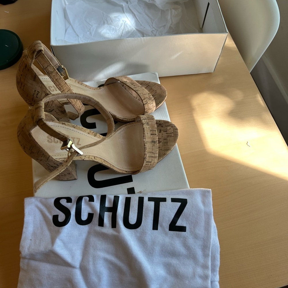 SCHUTZ Cork Block Heel Sandals in Natural Tan - Picture 2 of 4